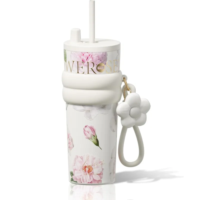 Cana Termos cu Pai 710ml Inox 316 LISM® Floral Alb - Izolatie 7-12h Cald / 11-24h Rece, Cordon Portabil, Design Elegant