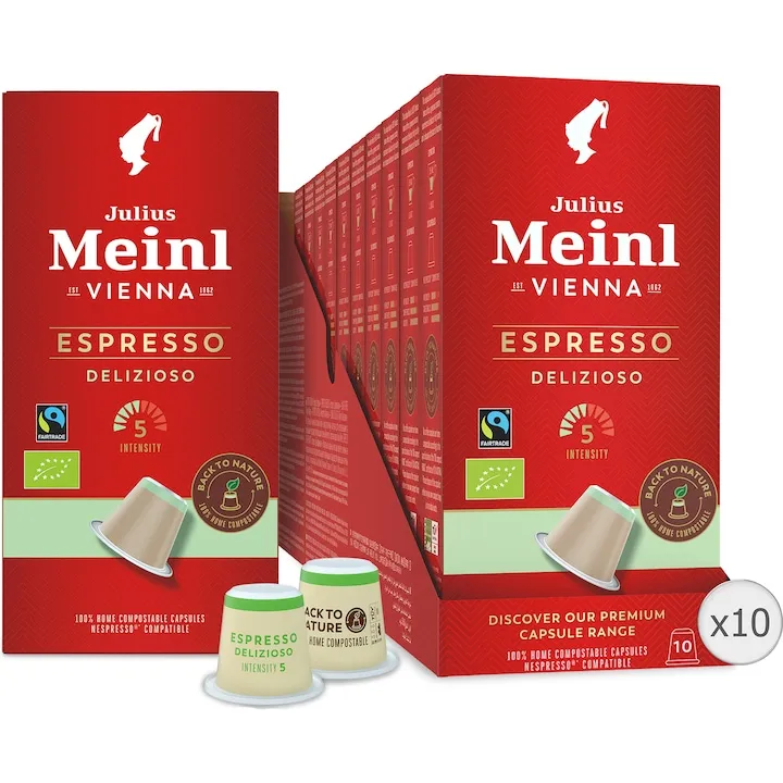 Set 10 x Cafea capsule, Julius Meinl Espresso Delizioso BIO Fair Trade, compatibile Nespresso, 100% biodegradabile, 100 buc, 560 g