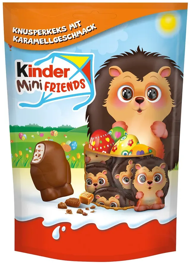 Bomboane de ciocolata cu lapte si umplutura de lapte cu bucati cu gust de caramel Kinder Mini Friends, 122 g