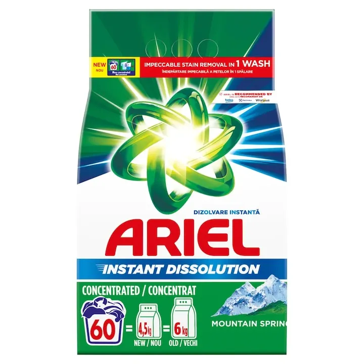 Detergent de rufe automat Ariel Mountain Spring, 4.5 kg, formula concentrata, 60 spalari