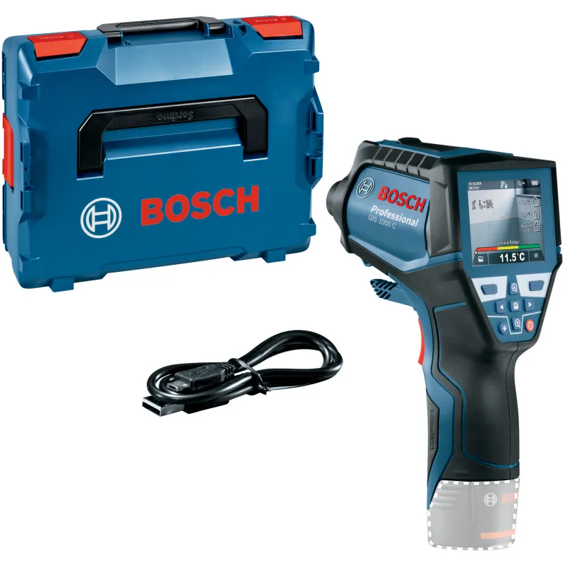 Camera termica pe acumulator Bosch Professional GIS 1000 C, 12 V, -40°C/+1000°C domeniu lucru, ± 1°C precizie, 635 nm dioda laser, cutie L-Boxx, insertie scula electrica/accesorii, card Quickstart, cablu micro-USB, fara acumulator, incarcator