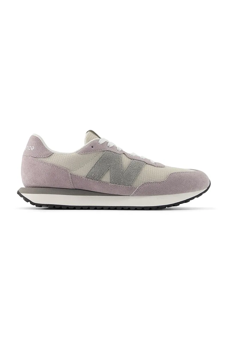 New Balance, Pantofi sport 237 cu garnituri din piele intoarsa, Bej/Lila pal/Gri inchis