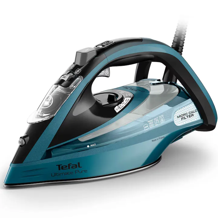 Fier de calcat cu aburi Tefal Ultimate Pure FV9851E0, 3200W, jet de abur 300 g/min, abur variabil 0-60 g/min, rezervor apa 350 ml, talpa Durilium AirGlide AutoClean, filtru anticalcar, incalzire rapida, sistem antipicurare, albastru & negru