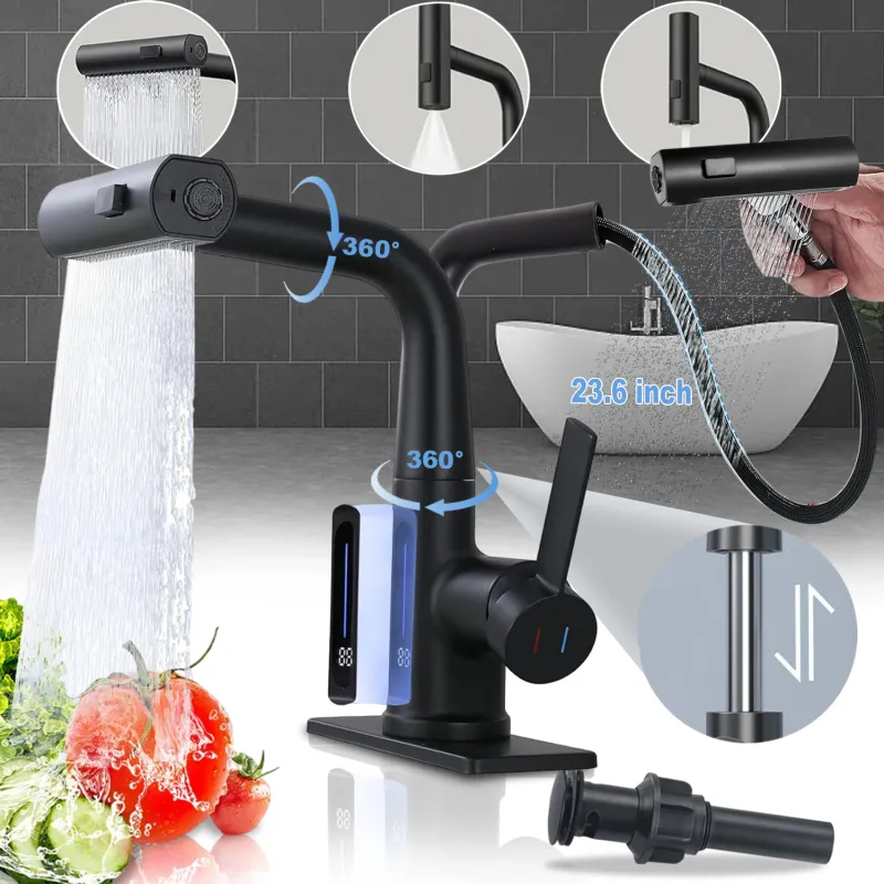 Baterie Chiuveta Baiel si Bucatarie, Puepoul, Afisaj Digital Al Temperaturii, LED Cu Reglaj Adaptabil In Functie De Temperatura Apei, Pipa Rotativa Si Extractabil, Multiple Moduri De Functionare, Monocomanda, Puternic si Durabil, Aspect Modern, Negru