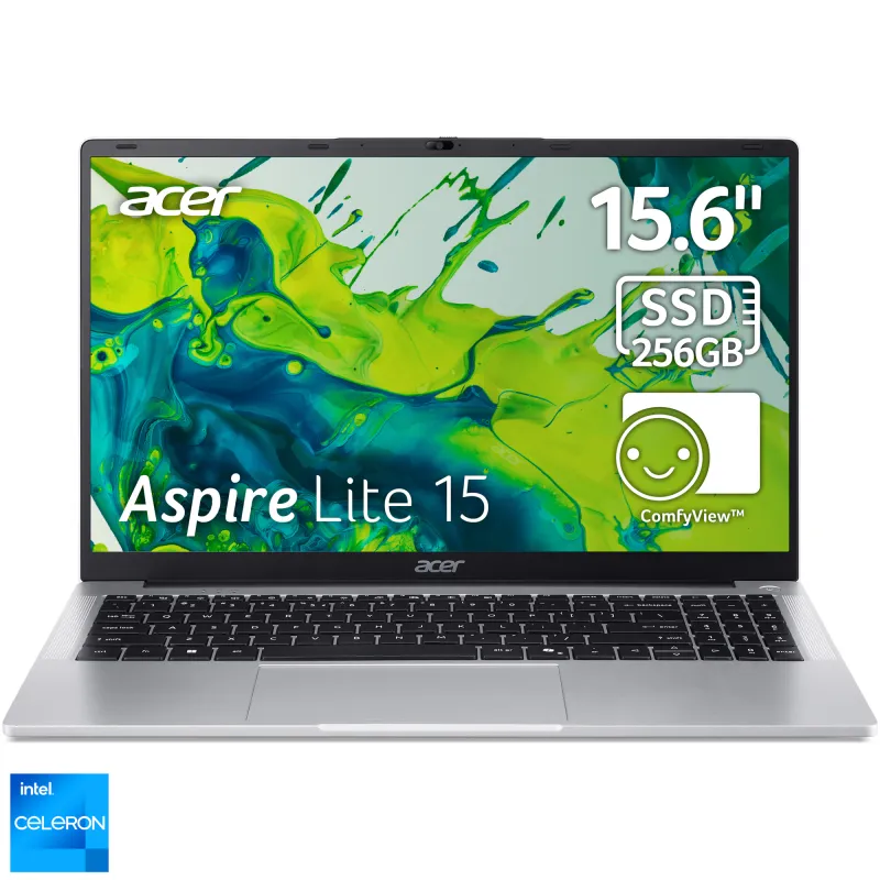 Acer Aspire Lite 15 cu procesor Intel® Celeron® N4500 pana la 2.8GHz, 15.6'', Full HD, IPS, 8GB LPDDR4X, 256GB SSD, Intel® UHD Graphic, No OS, Pure Silver