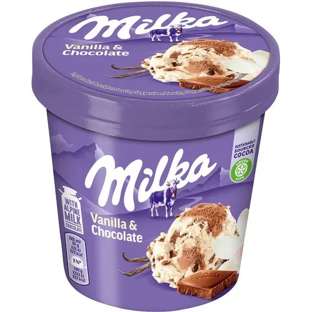 Inghetata de vanilie, cu mousse de ciocolata si bucatele de ciocolata cu lapte Milka Vanilla Stracciatella, 245 ml