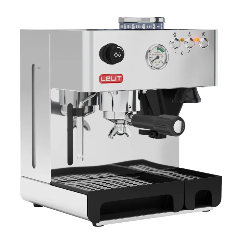 Espressor manual cu manometru si rasnita Lelit PL 42 EM, 15 bar, corp din otel inoxidabil, 1000 W, 230V 50Hz - 120V 60Hz, Negru/Argintiu