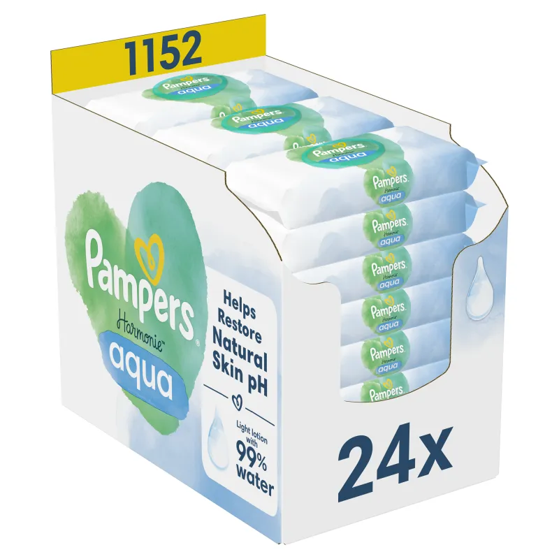 Servetele umede Pampers Harmonie Aqua, 0% plastic, 24 pachete x 48, 1152 buc