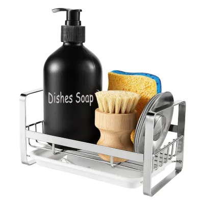 Organizator Chiuveta, SINBINTA, Suport Pentru Burete, Suport de Bucatarie, Tava de scurgere detasabila, Rezistent la apa, Nu rugineste, Capacitate portanta puternica, Usor de instalat, Pentru bureti, perii, Din otel inoxidabil, 183x90mm, Argintiu
