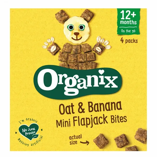 Flapjack cubulete BIO moi din ovaz integral si banane Organix, de la 12 luni, 5 x 20 g