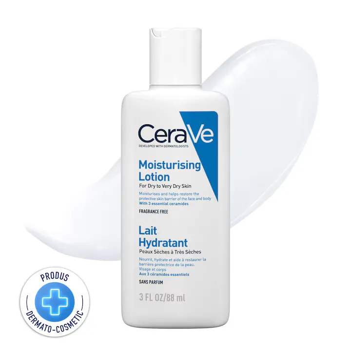 Lotiune hidratanta pentru fata si corp travel size CeraVe cu ceramide si acid hialuronic, pentru piele uscata si foarte uscata, 88 ml