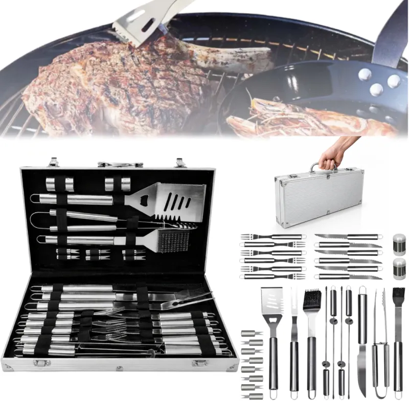 Set ustensile pentru gratar Macvi® 26 piese, otel inoxidabil premium, geanta transport aluminiu captusita 43x27x8cm, accesorii complete pentru un gratar reusit