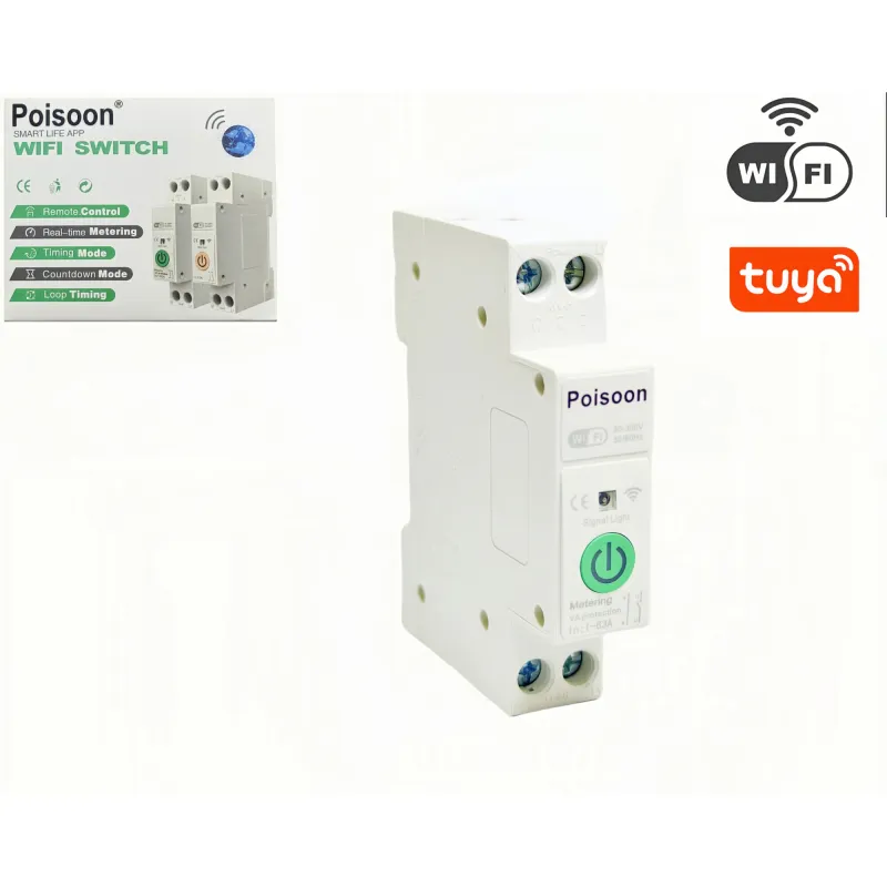 Siguranta electrica Poisoon, intrerupator circuit inteligent 63A, control prin aplicatie, protectie supratensiune, montare pe sina DIN,Tuya/Smartlife, 2 Poli, 1P+N, Monofazata, 63A, Compatibila Google Home si Alexa