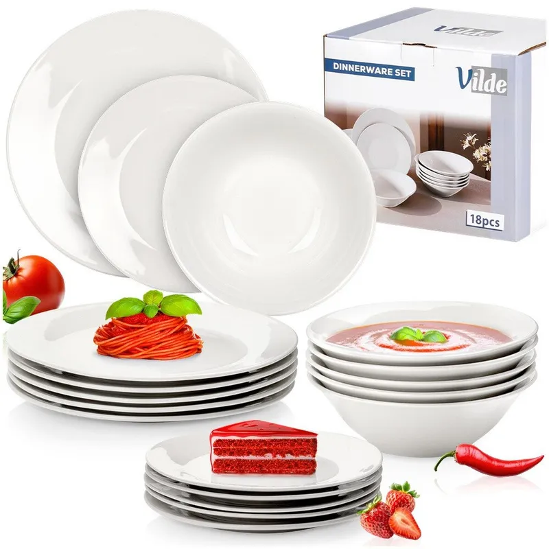 Serviciu De Masa Complet Pentru 6 Persoane, Vilde, Model Neted Clasic Si Elegant, 18 Piese (6 Farfurii Adanci 600ml, 6 Farfurii Intinse Pranz, 6 Farfurii Desert), Alb Pur, Portelan Premium, Ideal Pentru Evenimente Festive Si Utilizare Zilnica, Horeca