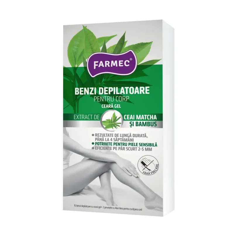 Benzi depilatoarea pentru corp, cu ceara gel Farmec, 16 benzi + 2 servetele