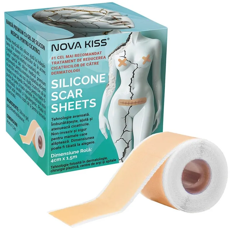 Banda Premium cu Gel de Silicon Medical pentru Acunderea, Tratarea si Vindecarea Cicatricilor – Reutilizabila, NOVA KISS®, 4 cm x 1.5 m