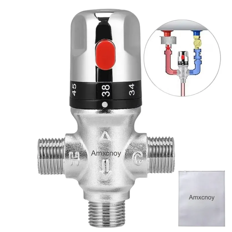 Vana de amestec termostatica, Amxcnoy, G1/2-DN15, Controlul temperaturii, Protectie Antioparire, reglabila intre 20°C-50°C, Alama, Multicolor