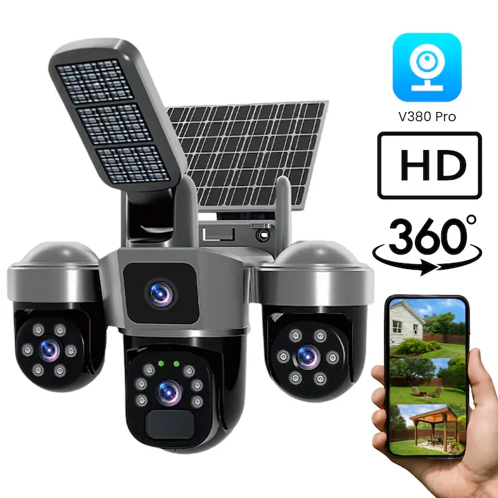 Camera Solara 4G EMPIONICSR V380 Pro 12MP, 3 Obiective PTZ, Lampa LED, Vedere Nocturna Color, Detectie Miscare, Audio Bidirectional, Panou Solar Autonomie 24/7, Exterior
