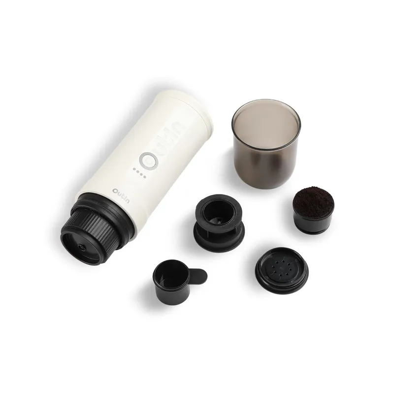 Espressor portabil Outin Nano, preparare cafea macinata si capsule Nespresso, Alb, 20 bar, Baterie 7500 mAh, Incalzire rapida, Rezervor 80 ml, USB-C, 92°C, 670g, Ideal camping/calatorii, Autonomie 5-200 cafele, 25x9cm, OTEM-01-PW Pearl White