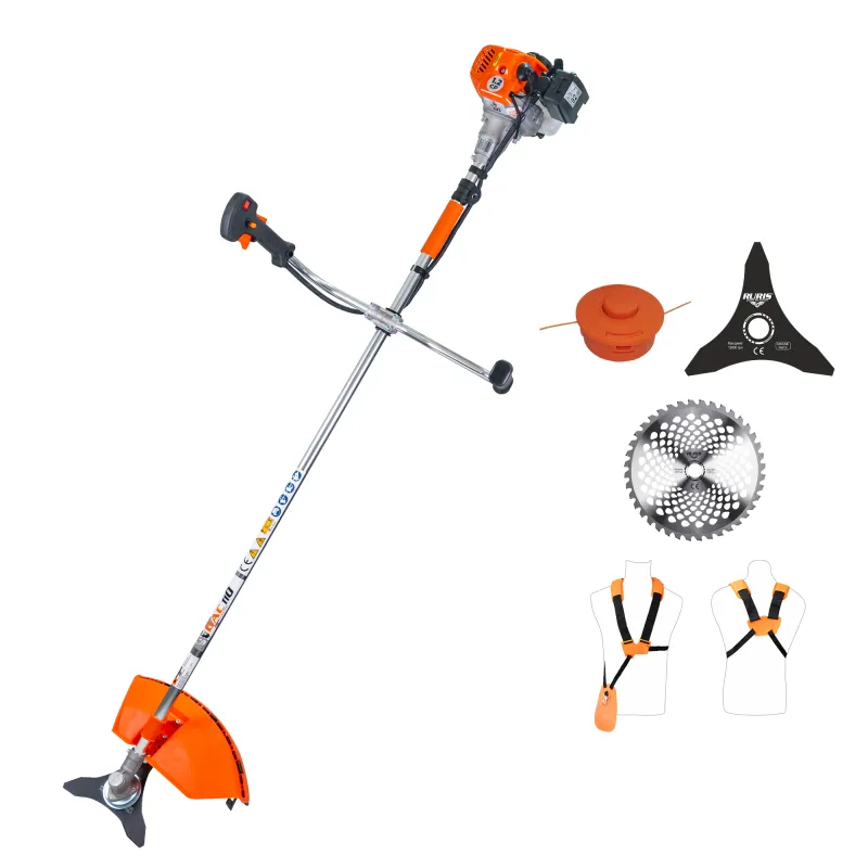 Motocoasa de tuns gazon/iarba pe benzina Ruris DAC 110, putere 1.2 CP, 26 CC, motor Tez, 2 timpi, diametru taiere 21 cm, contine: bobina fir + disc 3 lame