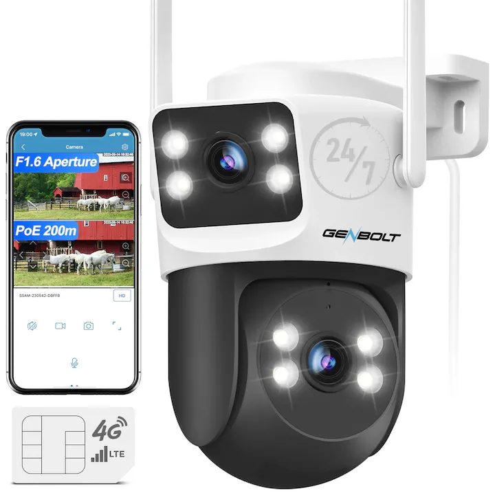 Camera Dubla De Supraveghere Video Cu SIM 4G GENBOLT®, 4MP, Exterior/interior, DC12/POE, 4X zoom, Inregistrare continua 24/7, culoarea vederii nocturne, Stocare Card/Cloud, comunicare bidirectionala, Urmarirea oamenilor, PTZ, Alarma sonora si luminoas