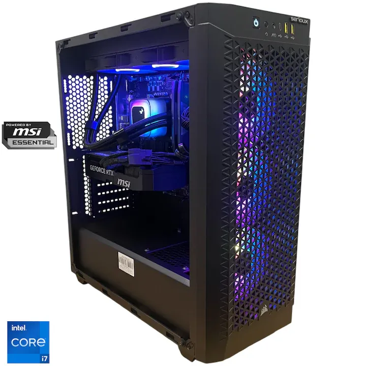 Sistem Desktop PC Gaming Serioux Powered by MSI cu procesor Intel® Core™ i7-13700F pana la 5.2GHz, Racire pe lichid, 32GB DDR5, 1TB SSD, MSI GeForce RTX™ 5070 SHADOW 2X OC 12GB GDDR7, No OS, Negru