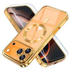 Husa pentru iPhone 17 Pro Max, cu protectie pentru camera, compatibila cu incarcare MagSafe, rezistenta la socuri, contur Auriu