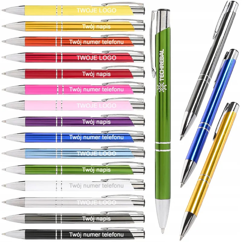 Set 50 stilouri personalizate cu gravura, TECHREBAL, 15 culori disponibile, cerneala neagra