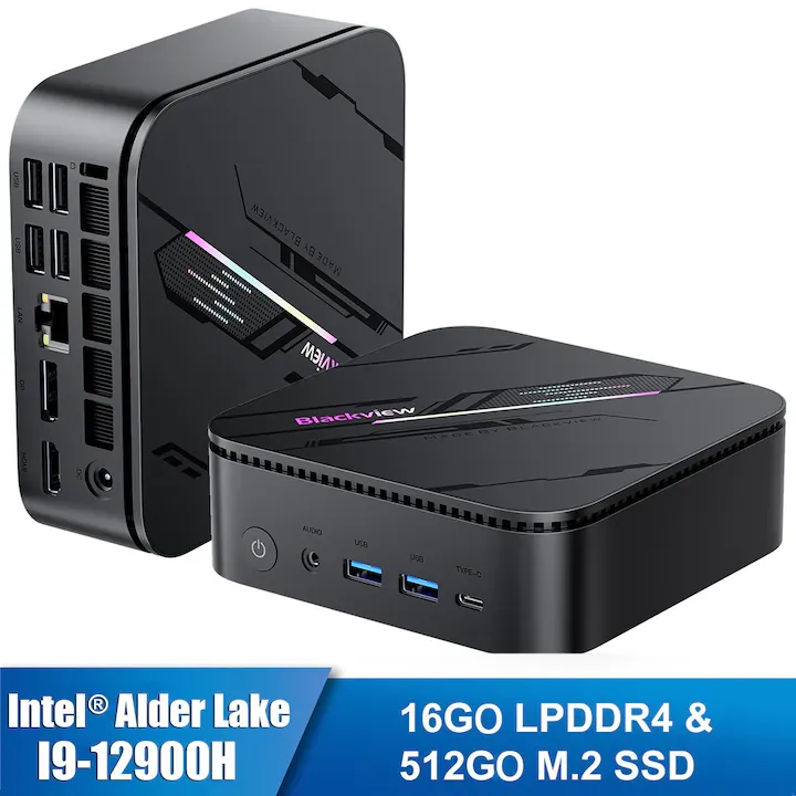 Blackview MP100 Pro Mini PC with, Intel® Alder Lake i9-12900H Mini Desktop Computer, Support Max 4K 144Hz, 16GB RAM 512GB NVMe SSD, Win11 Pro/USB3.1/WiFi 6/RGB Light/HDMI+DP+Type-C, Gris