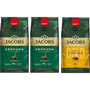 Set cafea boabe Jacobs Kronung Crema 2x1kg + Jacobs Crema Gold 1kg, Arabica, Robusta, 3kg