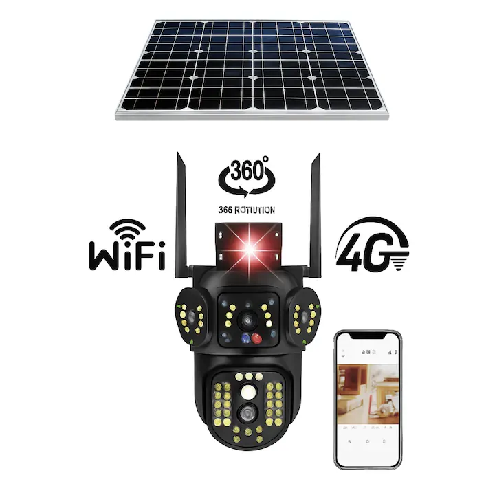 Camera de supraveghere cu panou solar 4G Cartela SIM, Wifi, Zoom 10X, 3 Ecrane, Rezolutie 4K, Detectie umana, Urmarire automata, IP66