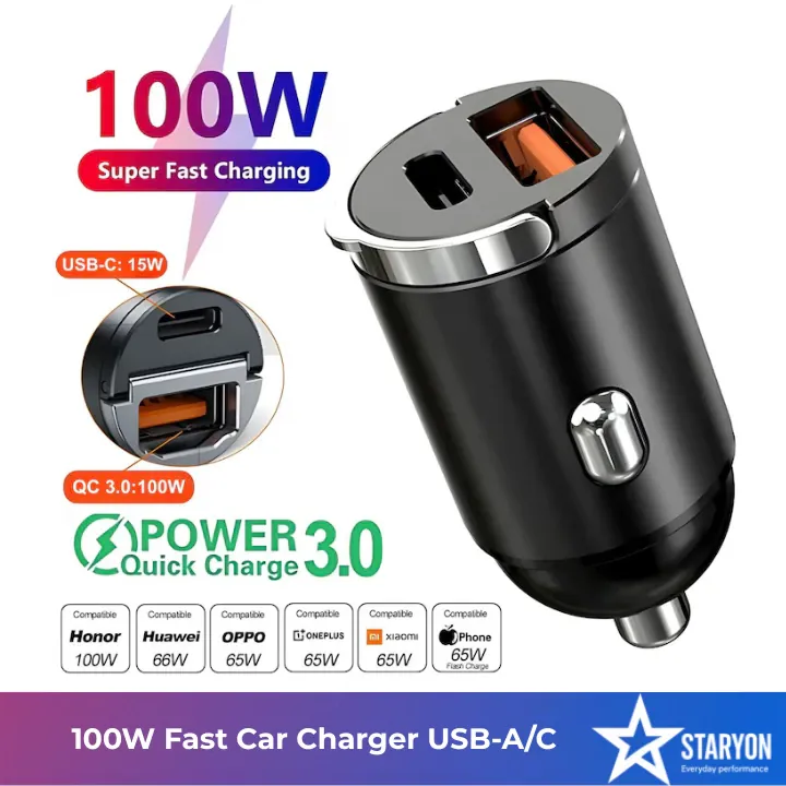 Incarcator Auto Bricheta Mini Staryon® SuperFastCharge 100W, USB-A 100W + USB Tip C PD 15W Incarcare Rapida, Compatibilitate Universala, Apple, Samsung, Huawey, Xiaomi, Google, Tableta, Corp Metalic, 12V/24V, Negru