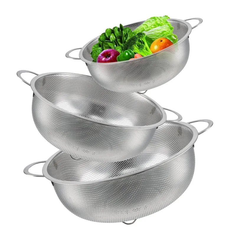 Strecuratoare din inox, ZGGZERG, Strecuratoare cu manere, Set 3, Ingrosare, Plasa fina, Partea inferioara cu suport, Termo Rezistent, Pentru fructe de legume, Otel inoxidabil, Marimi multiple, Argintiu