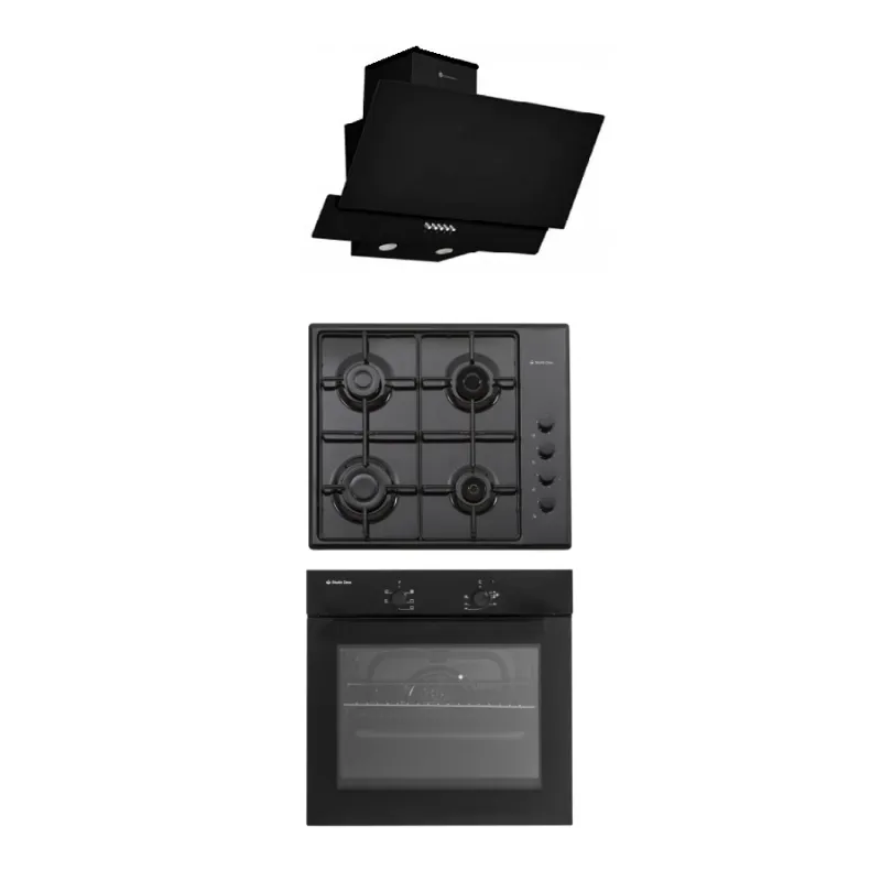Pachet cuptor electric, plita gaz si hota decorativa Glam Iseo Black Studio Casa, 56 l, Clasa energetica A, 6 functii, 4 arzatoare gaz, Negru