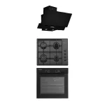 Pachet cuptor electric, plita gaz si hota decorativa Glam Iseo Black Studio Casa, 56 l, Clasa energetica A, 6 functii, 4 arzatoare gaz, Negru