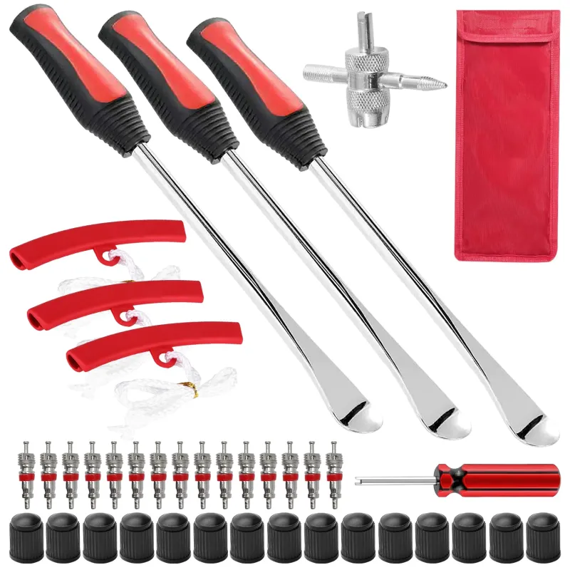 Set de 39 unelte pentru montare anvelope, ranga, 3 leviere, 3 protectii pentru jante, 15 capace si nuclee, multicolor