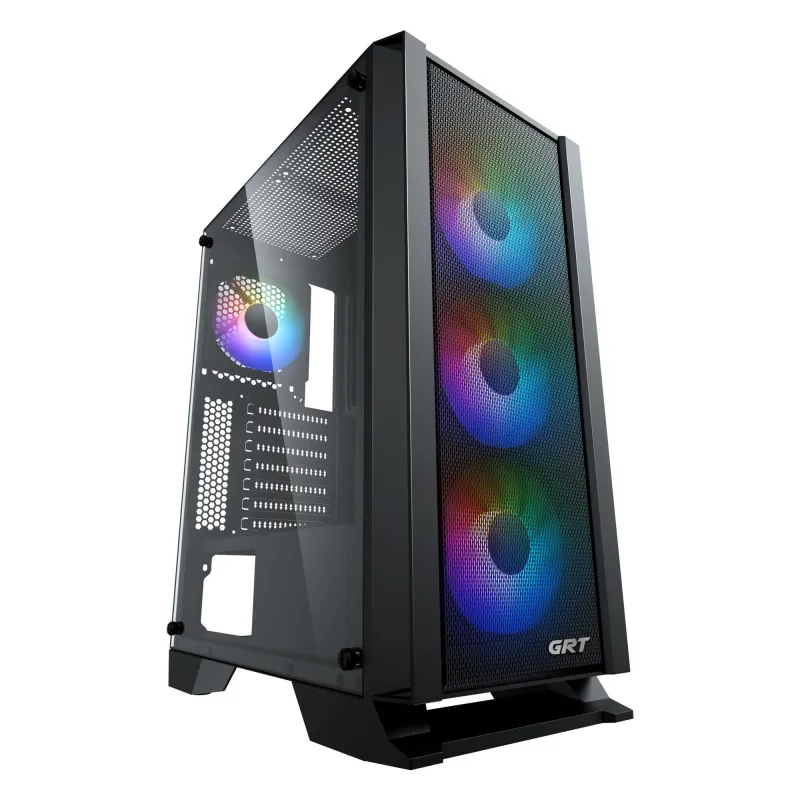 Carcasa Gaming GRT, Middle Tower, fara sursa, 4x12cm ventilatoare silentioase FRGB cu functie ON/OFF, sticla securizata, mesh, negru