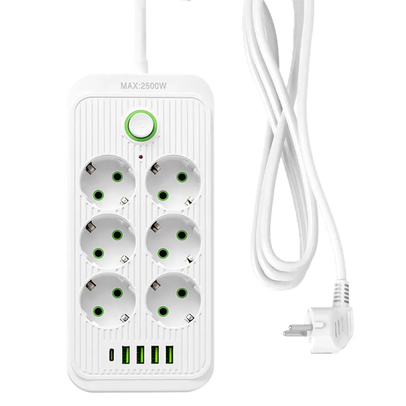 Prelungitor, DONFANLIA®, Cordon 2 m, 6 prize, 4 USB, 1 USB-C, Protectie Copii, HighPower, Intrerupator, Anti-static, Rezistent la temperaturi inalte, Universal, Protectie supratensiune, Alb