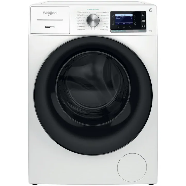 Masina de spalat rufe Whirlpool W8 09AD SILENCE EE, 10 kg, 1400 rpm, FreshCare+, Autodose, Steam Hygiene, Tehnologie al 6-lea Simt, Clasa A, Alb