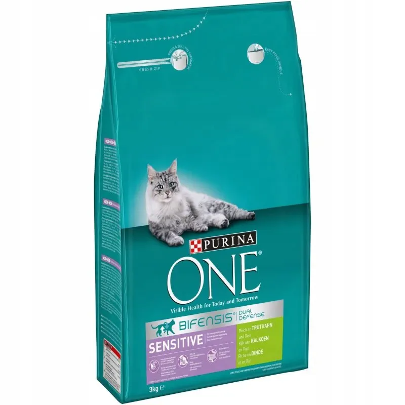 Hrana uscata pentru pisici, Purina ONE Sensitive, curcan, formula Bifensis, Omega-6, 9.75 kg