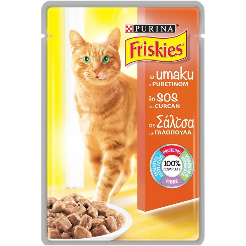 Hrana umeda pentru pisici Purina Friskies, vitel si curcan, plic, 85 g
