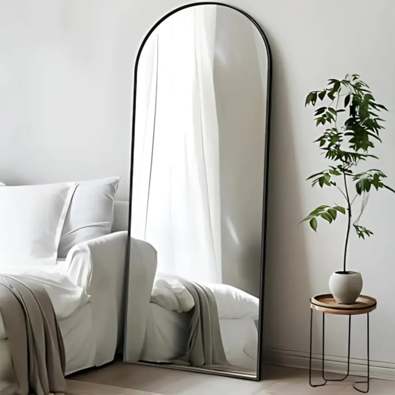 Oglinda de Podea Neagra Elindor® Decorativa, Dreptunghiulara, Verticala, Design Arcada, cu Suport Rabatabil, Montaj pe Perete sau Podea, Ideala pentru Dormitor, Living, Birou, Hol Dressing sau Nunta, Perfecta pentru Mireasa, Rama din Aluminiu, 150x40 cm