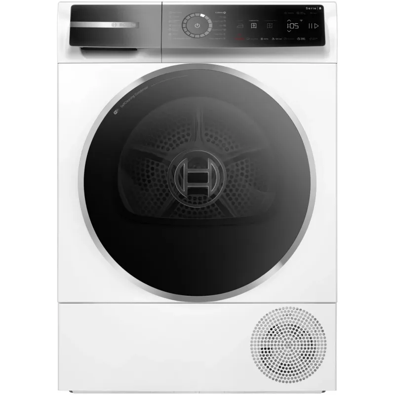 Uscator de rufe Bosch Seria 8 WQB246DNBY, Pompa de caldura, 9 Kg, 14 programe, AutoDry, Condensator cu autocuratare, Iluminare interioara, Touch control, Smart Dry, EcoSilence Drive, Home Connect, Clasa B, Alb