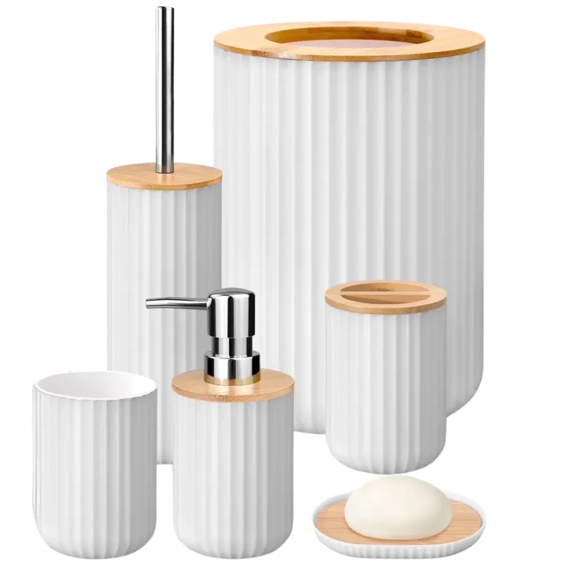 Set Accesorii Baie Premium din Bambus Simply Joy, Set 6 piese, design modern, Cos de Gunoi, Dozator de Sapun Lichid, Pahar Pentru Periuta Dinti, Savoniera, Perie Wc cu Suport, Pahar, Organizator baie complet, Alb