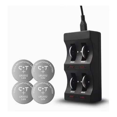 Incarcator baterie reincarcabila pentru LIR2032, JENUOS®, 4 baterii capacitate mare 3.6V 45mA, 4 sloturi, portabil, Negru