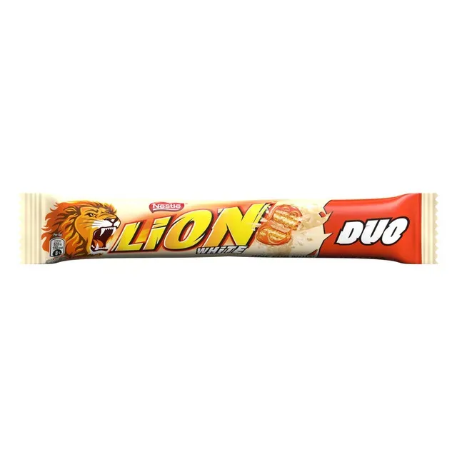 Baton de ciocolata alba cu crema cu caramel si napolitana Lion Duo, 60 g