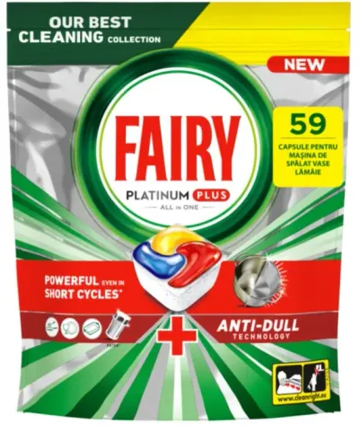 Detergent automat pentru masina de spalat vase Fairy Platinum Plus Anti-Dull, 59 tablete