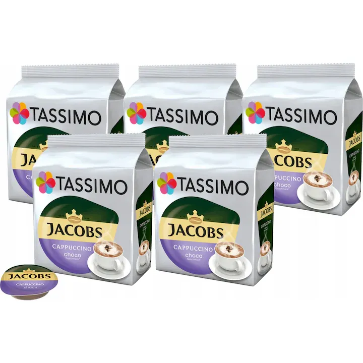 Capsule cafea Jacobs TASSIMO Cappuccino Choco set 5x16, 5x8 cesti, amestec Arabica-Robusta, 1000g