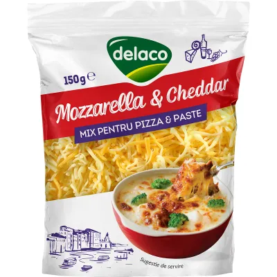 Mix mozzarella si cheddar razuit Delaco, 150 g