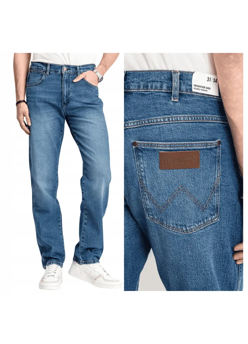 Blugi Barbati, Wrangler, Frontier, Straight Fit, Talie Medie, Fermoar, Lungi, 5 Buzunare, Bumbac, W34-L32, Albastru